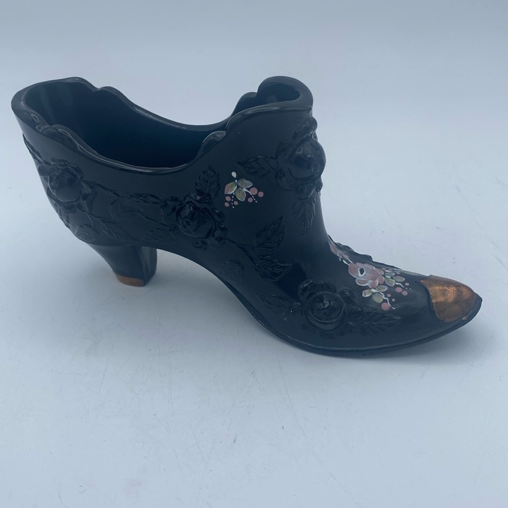 VTG Fenton Glass hand painted cabbage rose floral black shoe slipper signed 6x3”